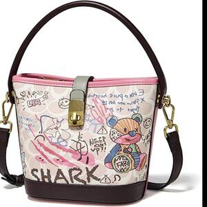 FOXLOVER Faux Leather/Fabric Bucket Small Crossbody Bag with Graffiti - NEW